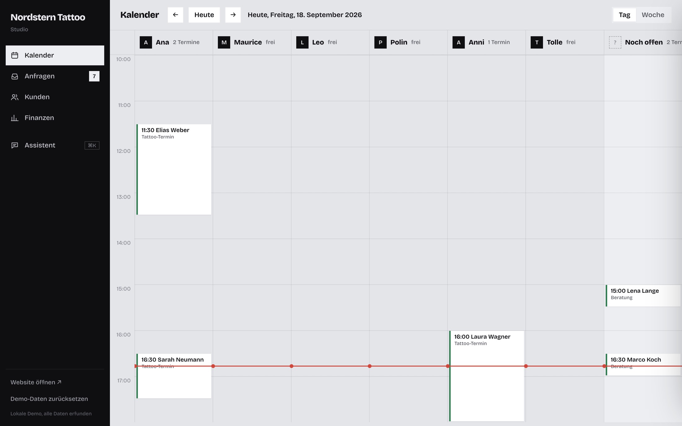 The studio calendar with one column per artist and today's appointments